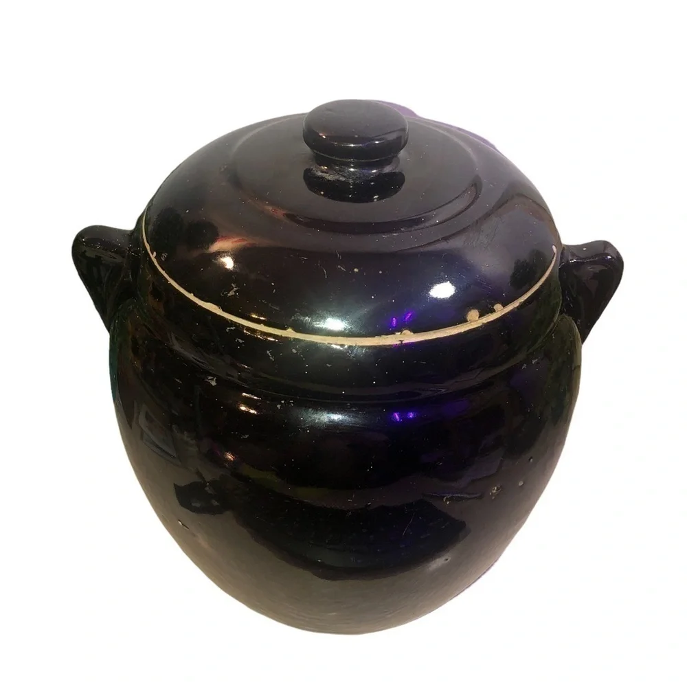 Vintage Crock Cookie Jar, Bean Pot & Lid, Cold Paint Floral